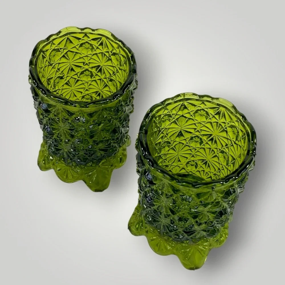 HOMCO Avocado Green Glass Votive Candle Holders Daisy Button Pair 1970s